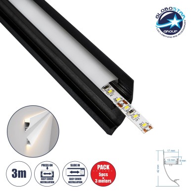 GloboStar® SURFACE-PROFILE 70859-3M Προφίλ Αλουμινίου - Βάση & Ψύκτρα Ταινίας LED με Λευκό Γαλακτερό Κάλυμμα - Επιφανειακή Χρήση Δημιουργίας Κρυφού Φωτισμού - Πατητό Κάλυμμα - Μαύρο - 3 Μέτρα - Πακέτο 5 Τεμαχίων - Μ300 x Π1.7 x Υ4.2cm